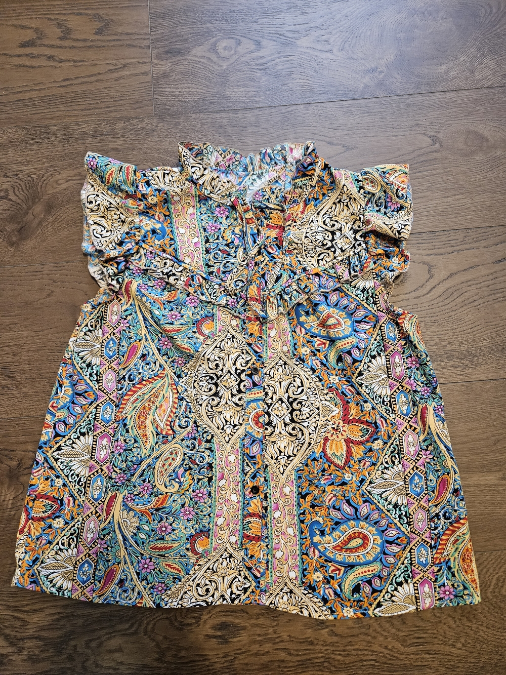 Source Unknown Multicolor Paisley Ruffle Sleeve Blouse - Teal, Orange, Pink